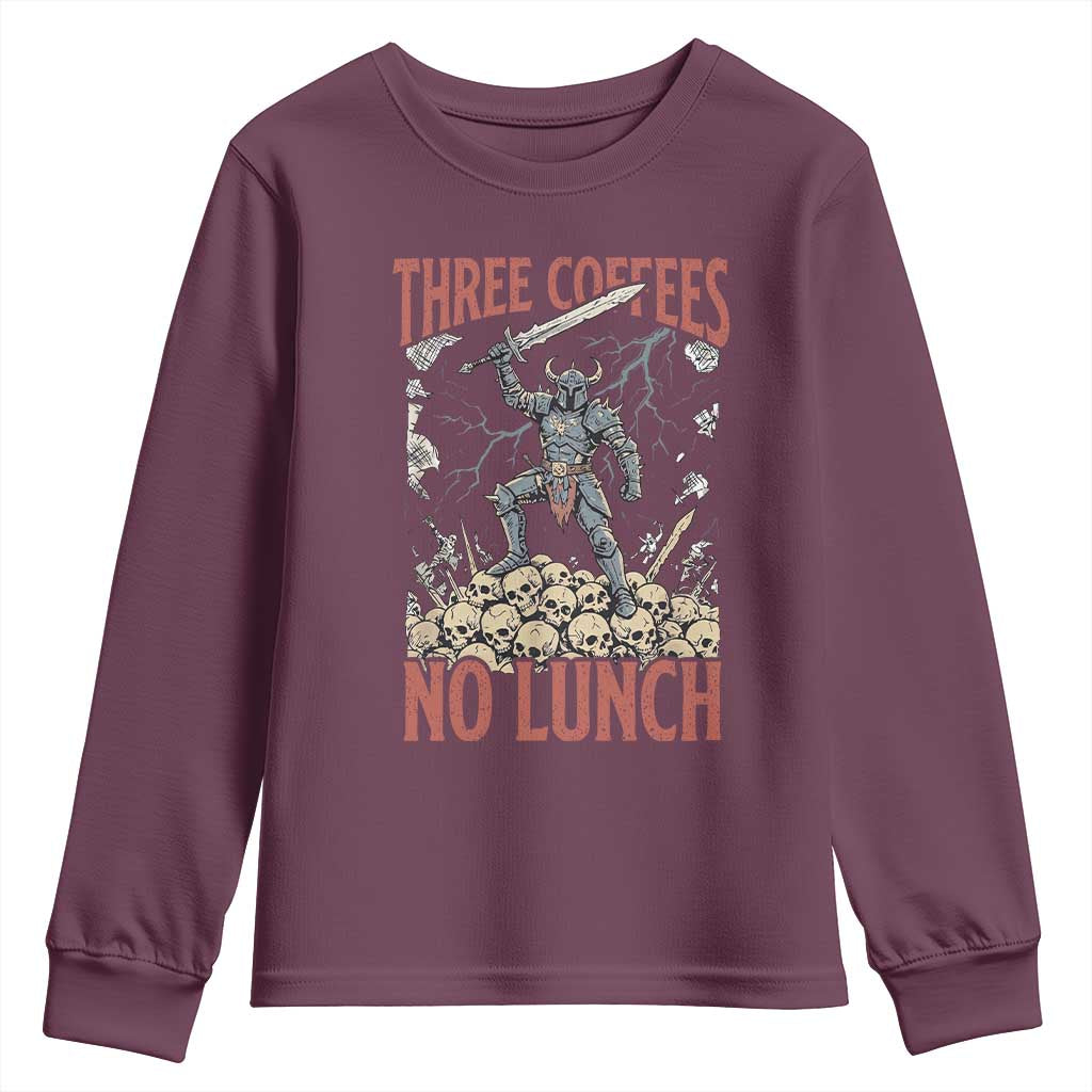 Funny Coffee Lover Fantasy Knight Graphic Youth Sweatshirt Three Coffees No Lunch Work Humor Dark Fantasy Parody
