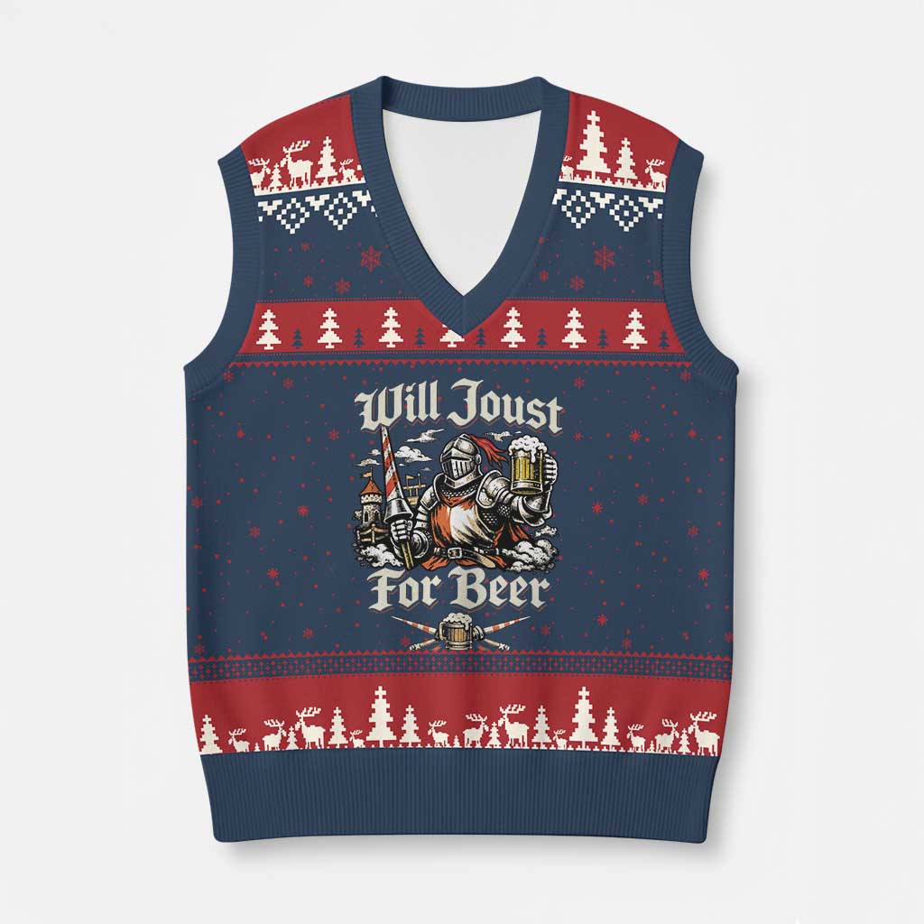 Funny Medieval Knight Drinking Humor V-Neck Knit Sweater Vest Will Joust For Beer Vintage Renaissance Faire