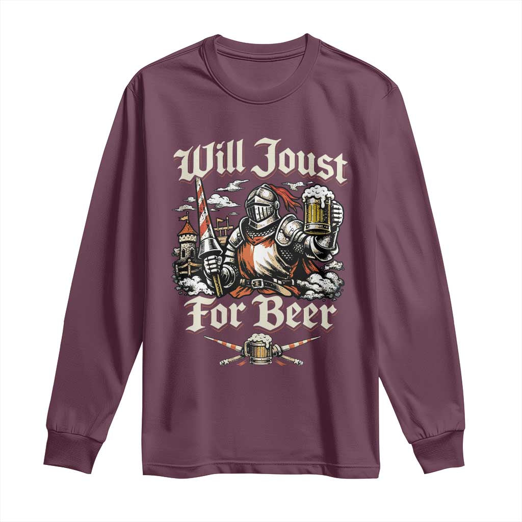 Funny Medieval Knight Drinking Humor Long Sleeve Shirt Will Joust For Beer Vintage Renaissance Faire