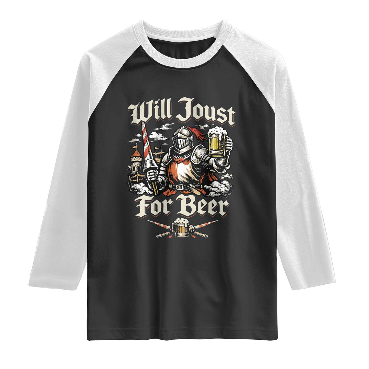 Funny Medieval Knight Drinking Humor Raglan Shirt Will Joust For Beer Vintage Renaissance Faire