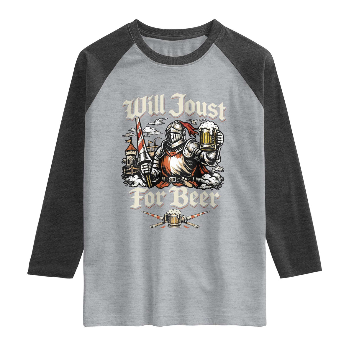 Funny Medieval Knight Drinking Humor Raglan Shirt Will Joust For Beer Vintage Renaissance Faire