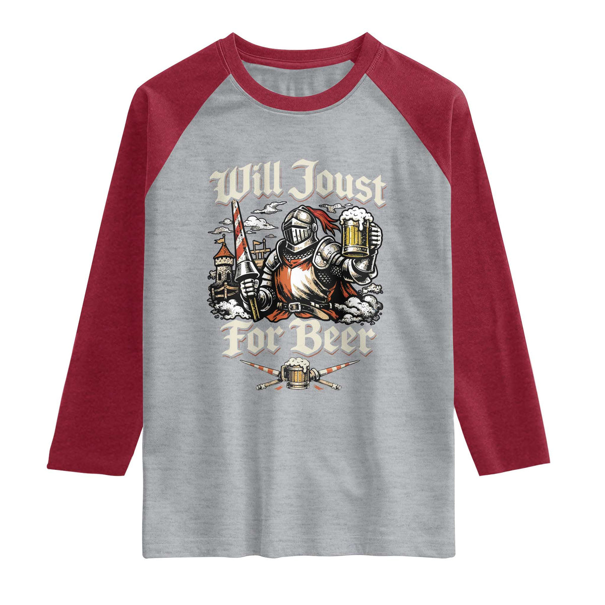 Funny Medieval Knight Drinking Humor Raglan Shirt Will Joust For Beer Vintage Renaissance Faire