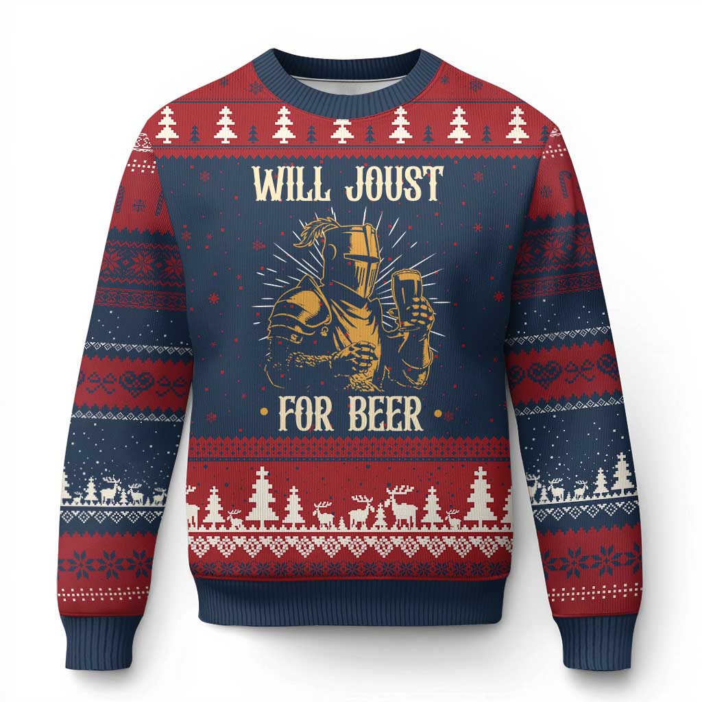 Funny Medieval Knight  Drinking Festival Humor Ugly Christmas Sweater Will Joust For Beer Renaissance Faire