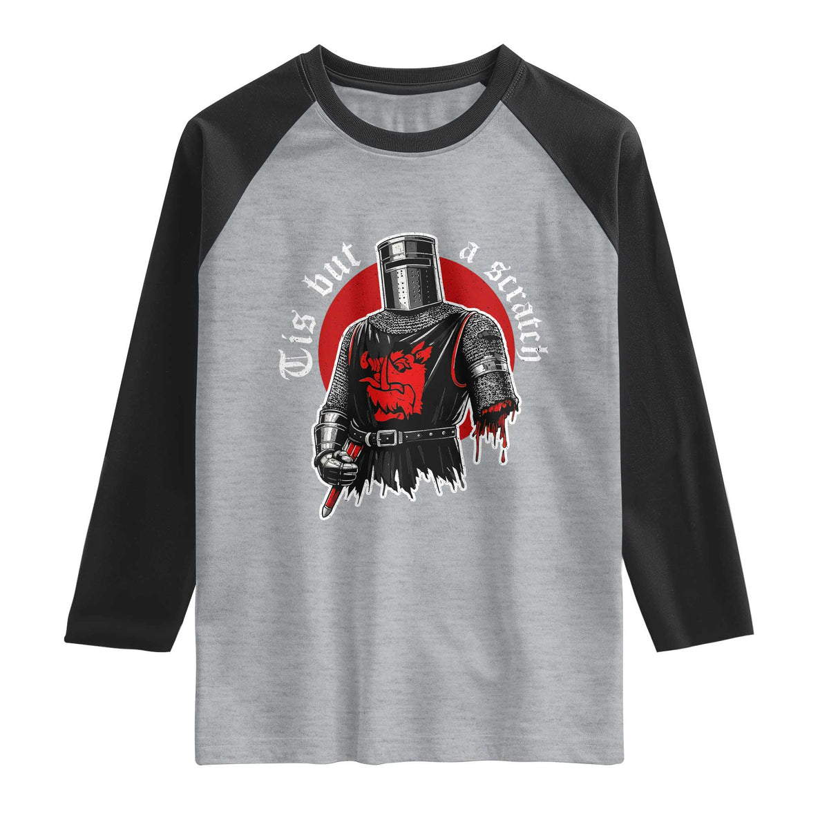 Funny One Arm Knight Medieval Raglan Shirt Tis But A Scratch Classic Dark Humor Parody