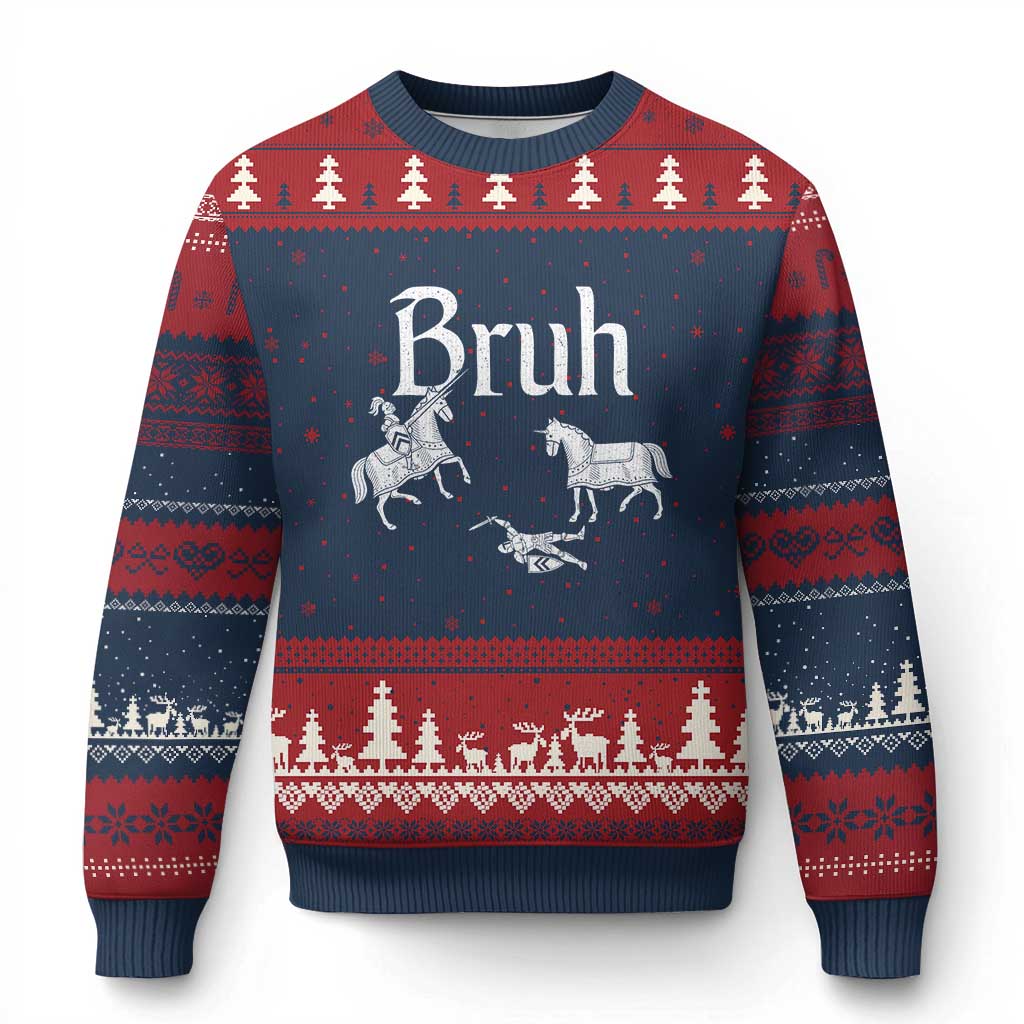 Funny Bruh Medieval Jousting Fallen Knight Graphic Ugly Christmas Sweater Sarcastic Renaissance Faire Meme