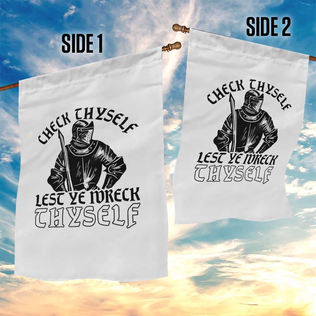 Funny Medieval Hip Hop Old English Parody Garden Flag Check Thyself Lest Ye Wreck Thyself
