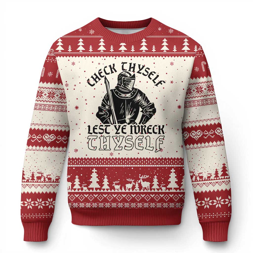 Funny Medieval Hip Hop Old English Parody Ugly Christmas Sweater Check Thyself Lest Ye Wreck Thyself