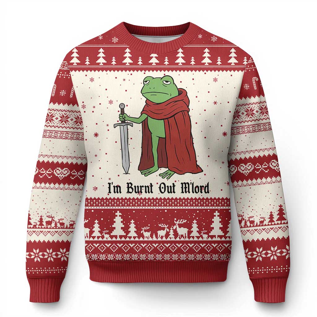 Funny Medieval Frog Knight Fantasy Sword Meme Ugly Christmas Sweater Im Burnt Out Mlord Fantasy Meme
