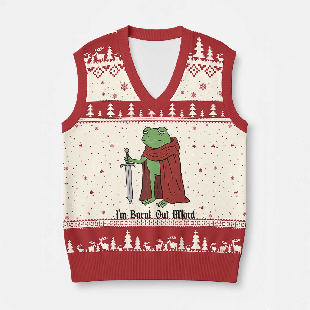 Funny Medieval Frog Knight Fantasy Sword Meme V-Neck Knit Sweater Vest Im Burnt Out Mlord Fantasy Meme