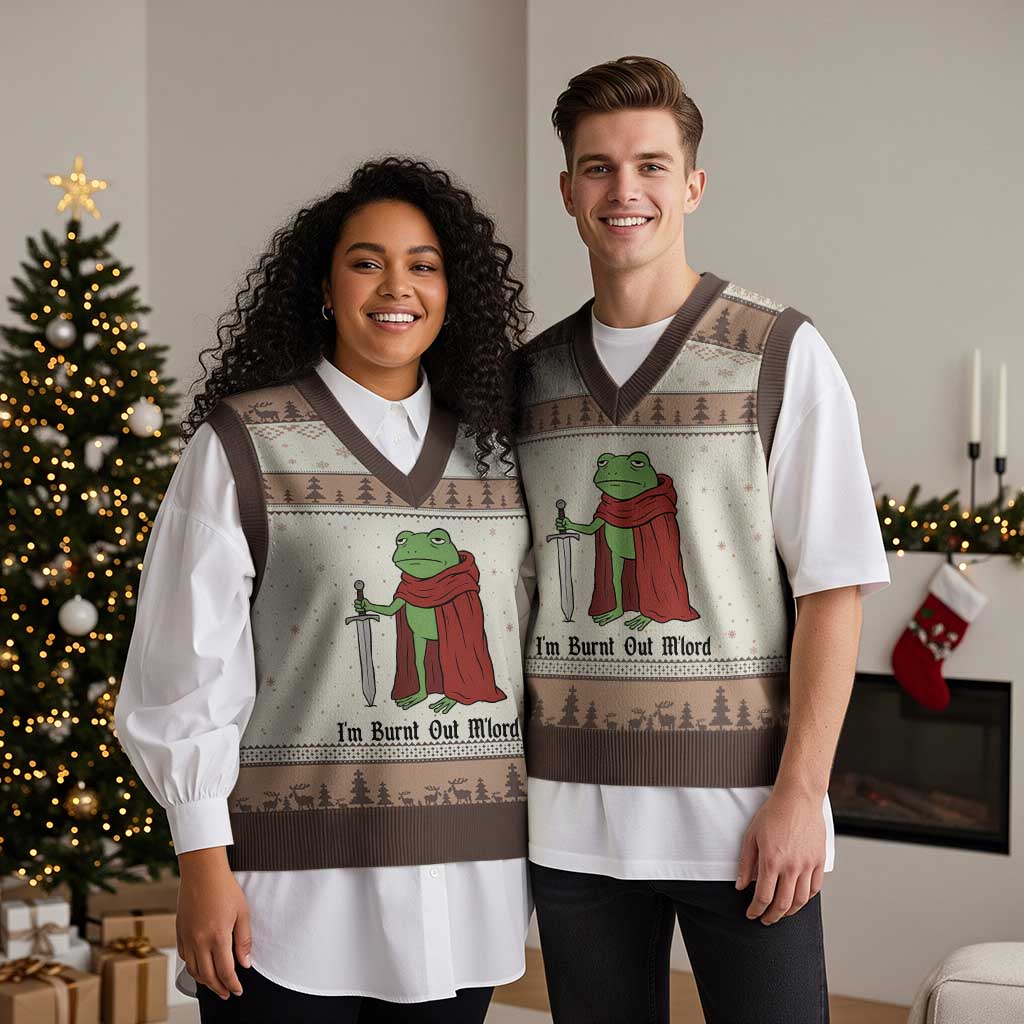 Funny Medieval Frog Knight Fantasy Sword Meme V-Neck Knit Sweater Vest Im Burnt Out Mlord Fantasy Meme