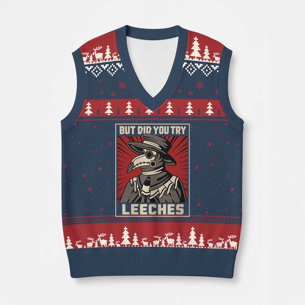 Funny Plague Doctor History Humor V-Neck Knit Sweater Vest But Did You Try Leeches Retro Woodcut Graphic