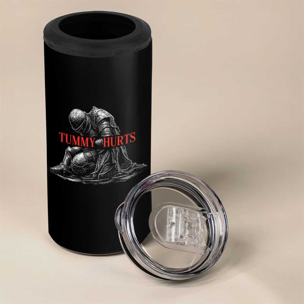 Funny Tummy Hurts Knight Graphic 4 in 1 Can Cooler Tumbler Warrior Medieval Sarcastic Dark Fantasy Slumped Renaissance Meme