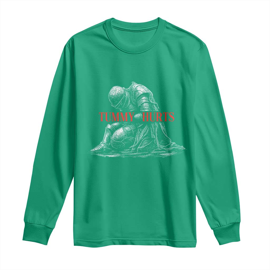 Funny Tummy Hurts Knight Graphic Long Sleeve Shirt Warrior Medieval Sarcastic Dark Fantasy Slumped Renaissance Meme
