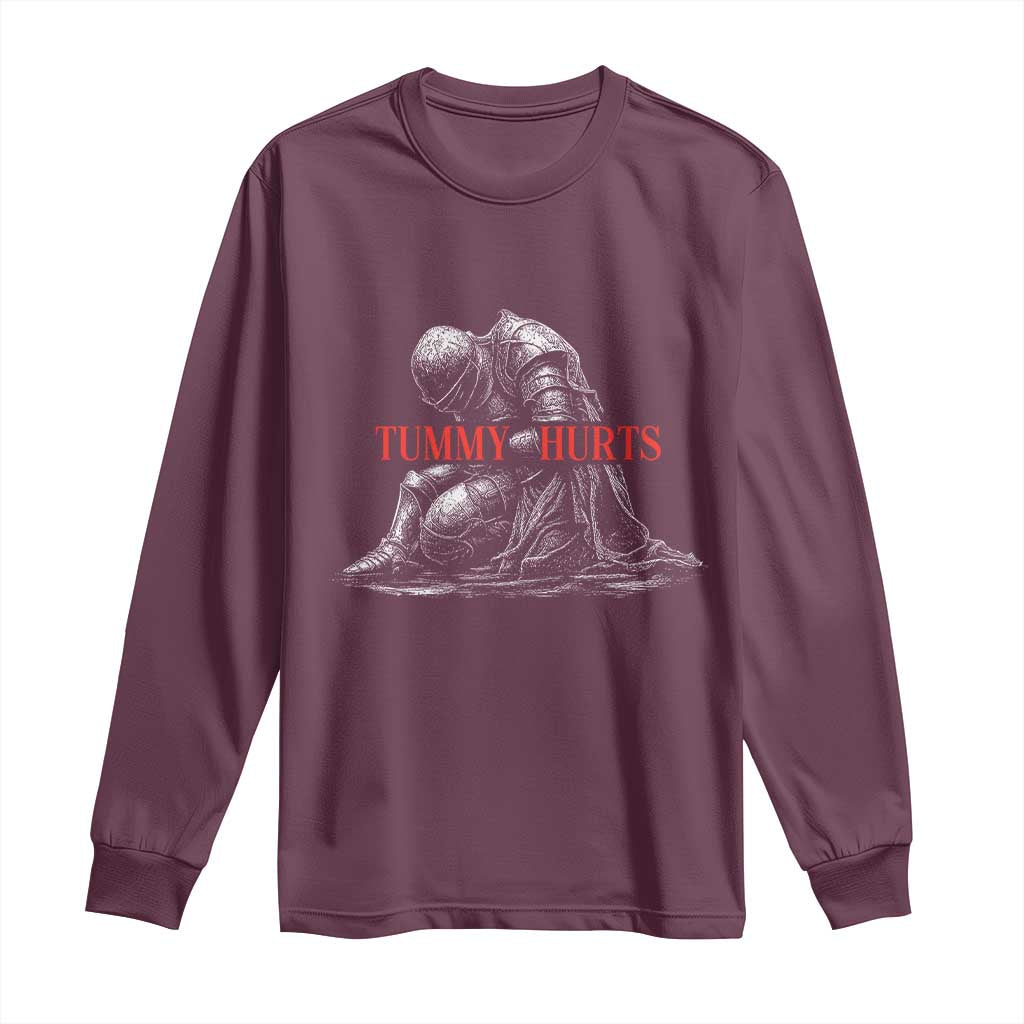 Funny Tummy Hurts Knight Graphic Long Sleeve Shirt Warrior Medieval Sarcastic Dark Fantasy Slumped Renaissance Meme