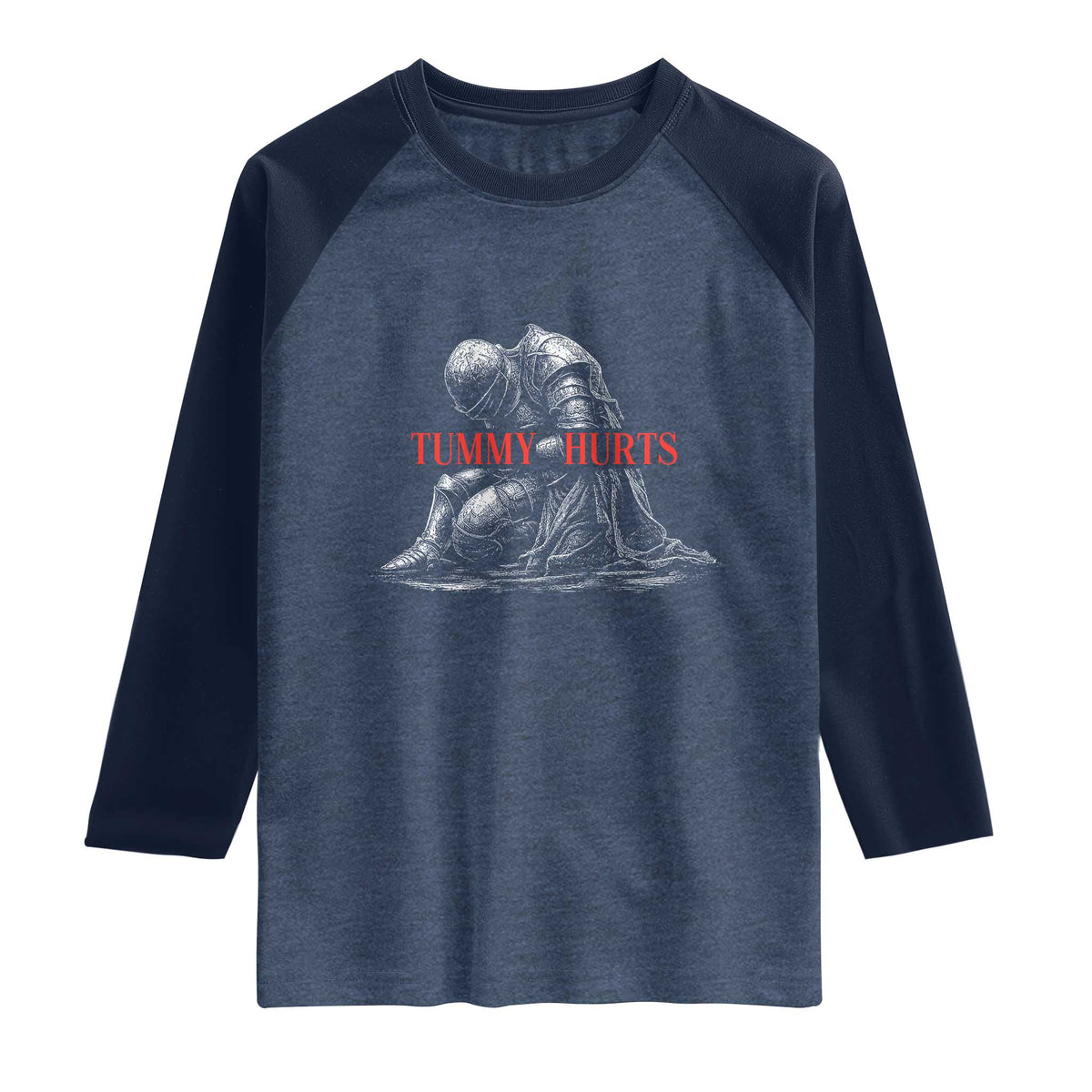 Funny Tummy Hurts Knight Graphic Raglan Shirt Warrior Medieval Sarcastic Dark Fantasy Slumped Renaissance Meme