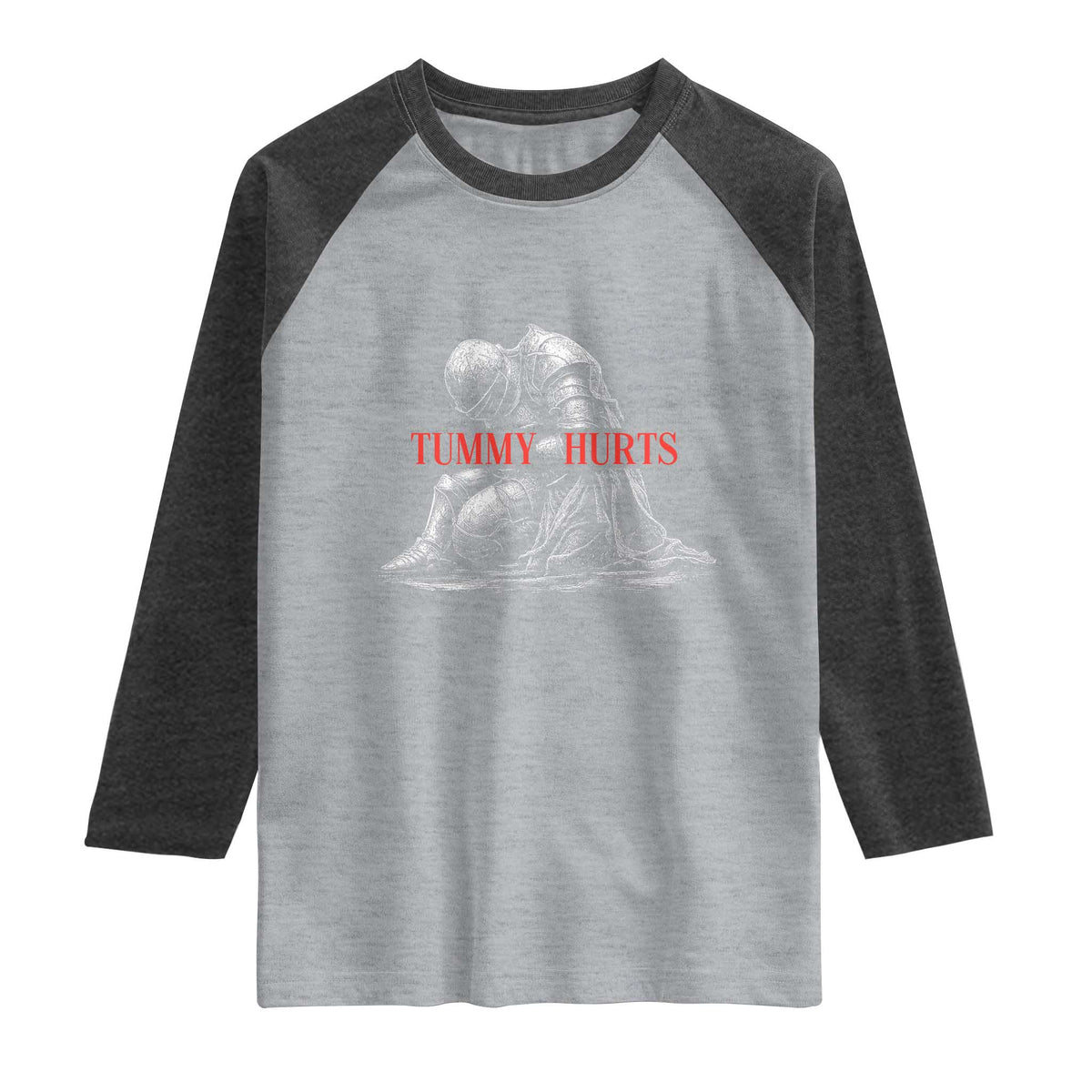Funny Tummy Hurts Knight Graphic Raglan Shirt Warrior Medieval Sarcastic Dark Fantasy Slumped Renaissance Meme