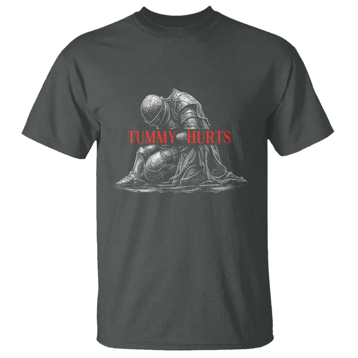Funny Tummy Hurts Knight Graphic T Shirt Warrior Medieval Sarcastic Dark Fantasy Slumped Renaissance Meme