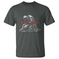 Funny Tummy Hurts Knight Graphic T Shirt Warrior Medieval Sarcastic Dark Fantasy Slumped Renaissance Meme