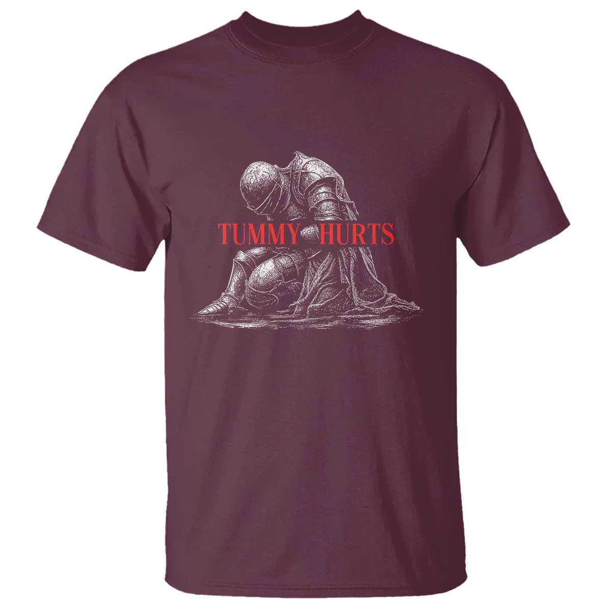 Funny Tummy Hurts Knight Graphic T Shirt Warrior Medieval Sarcastic Dark Fantasy Slumped Renaissance Meme