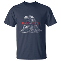 Funny Tummy Hurts Knight Graphic T Shirt Warrior Medieval Sarcastic Dark Fantasy Slumped Renaissance Meme