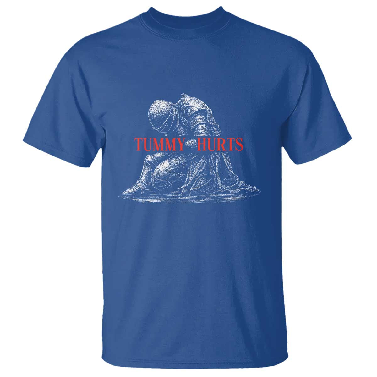 Funny Tummy Hurts Knight Graphic T Shirt Warrior Medieval Sarcastic Dark Fantasy Slumped Renaissance Meme