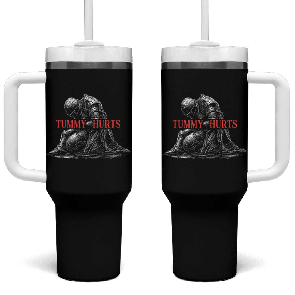 Funny Tummy Hurts Knight Graphic Tumbler With Handle Warrior Medieval Sarcastic Dark Fantasy Slumped Renaissance Meme