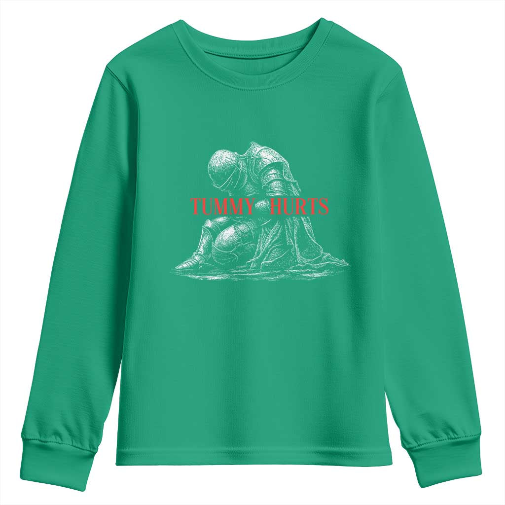 Funny Tummy Hurts Knight Graphic Youth Sweatshirt Warrior Medieval Sarcastic Dark Fantasy Slumped Renaissance Meme