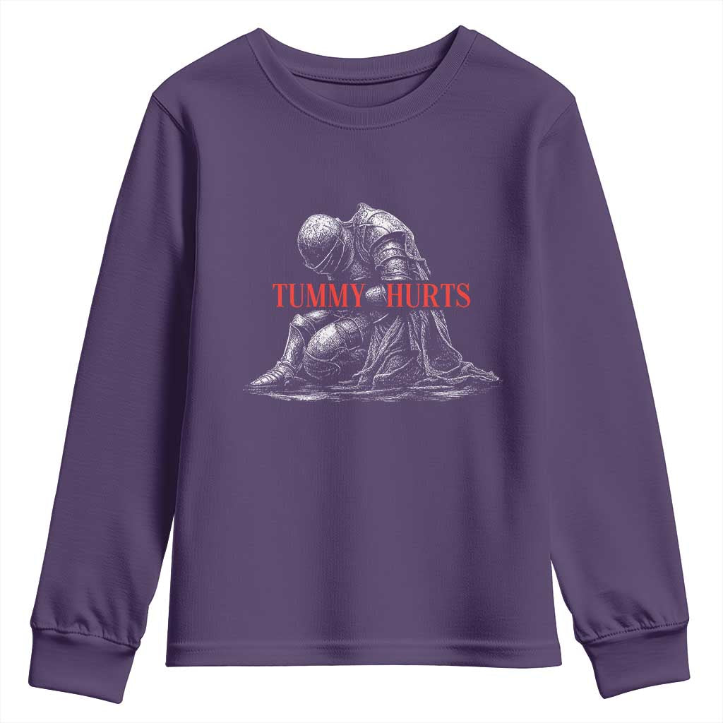 Funny Tummy Hurts Knight Graphic Youth Sweatshirt Warrior Medieval Sarcastic Dark Fantasy Slumped Renaissance Meme