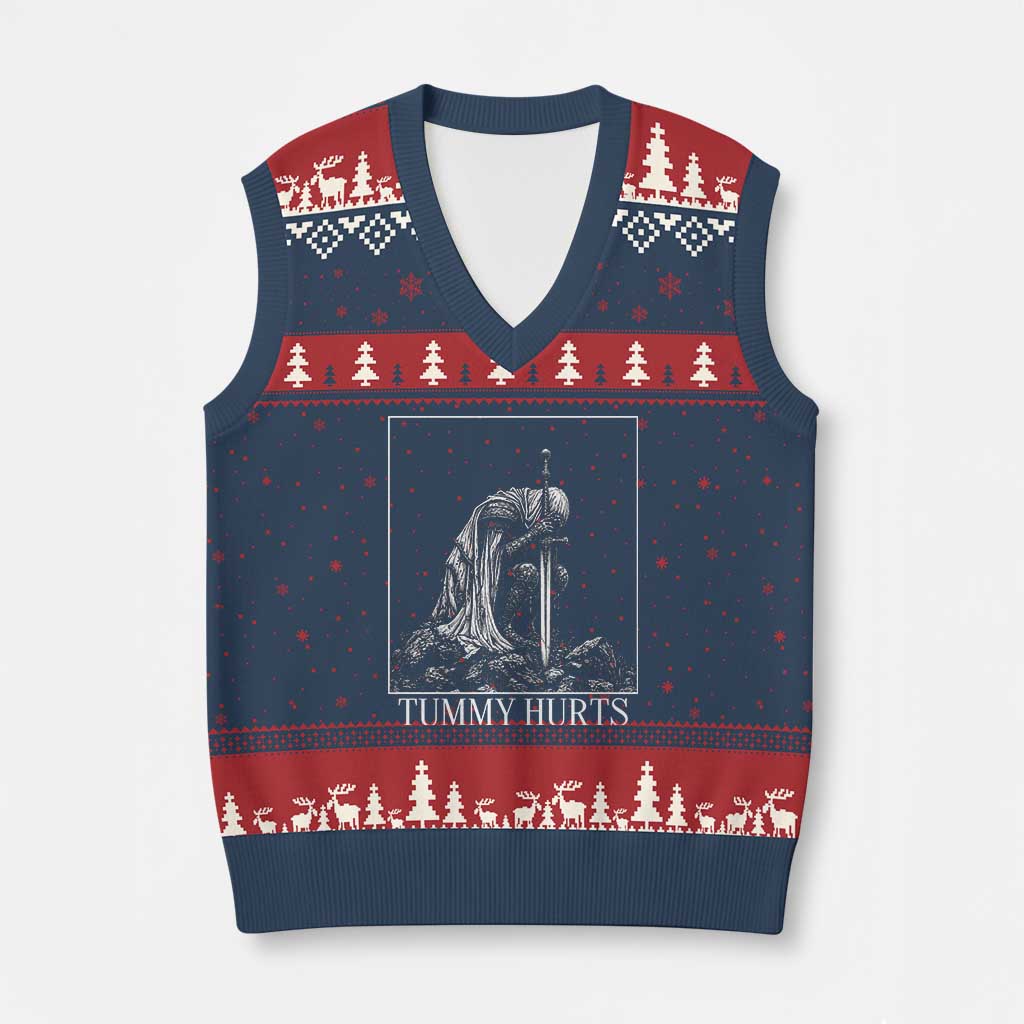 Dramatic Tummy Hurts Kneeling Knight Graphic V-Neck Knit Sweater Vest Funny Medieval Sarcastic Renaissance Fantasy Meme