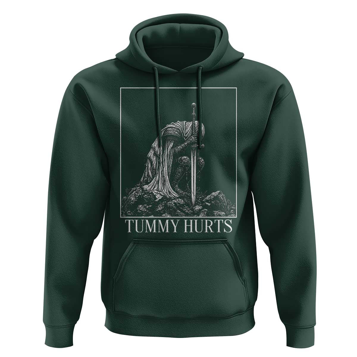 Dramatic Tummy Hurts Kneeling Knight Graphic Hoodie Funny Medieval Sarcastic Renaissance Fantasy Meme