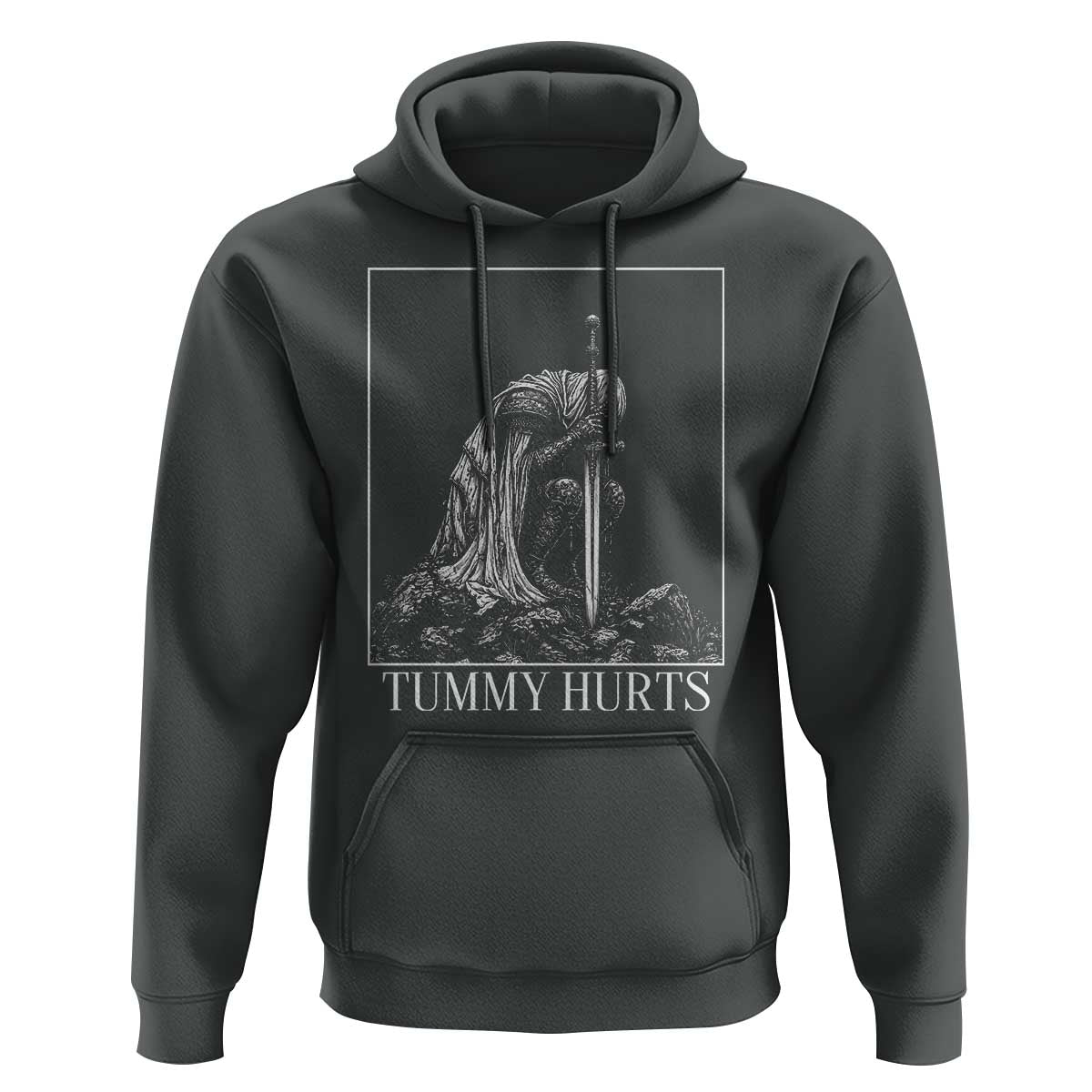 Dramatic Tummy Hurts Kneeling Knight Graphic Hoodie Funny Medieval Sarcastic Renaissance Fantasy Meme