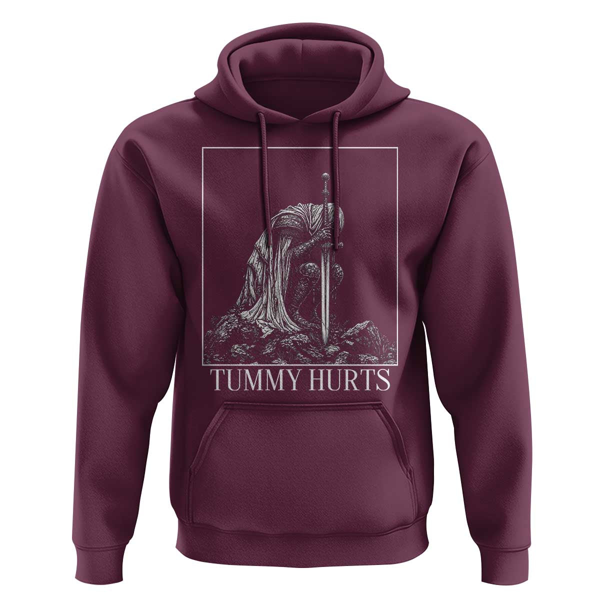 Dramatic Tummy Hurts Kneeling Knight Graphic Hoodie Funny Medieval Sarcastic Renaissance Fantasy Meme