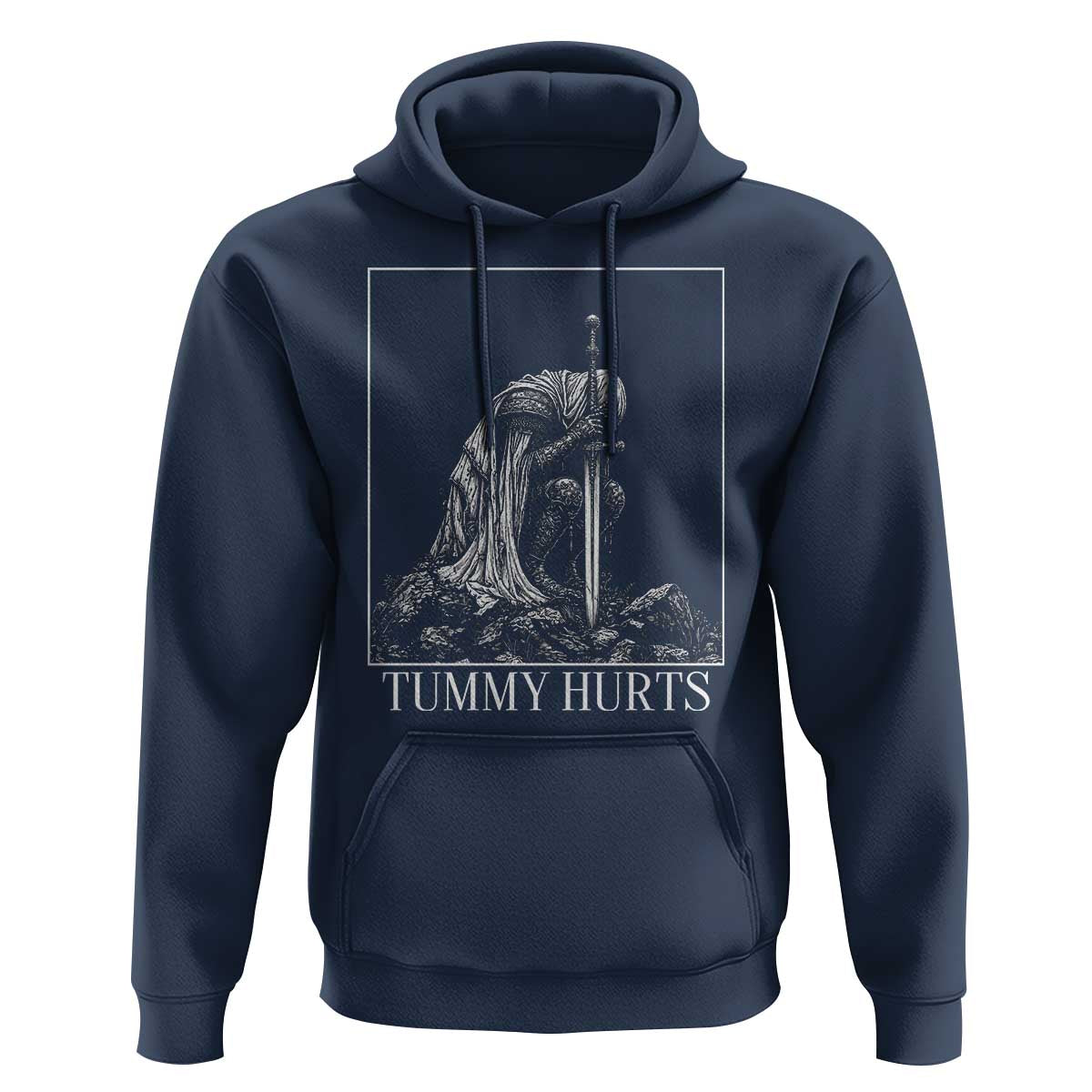 Dramatic Tummy Hurts Kneeling Knight Graphic Hoodie Funny Medieval Sarcastic Renaissance Fantasy Meme