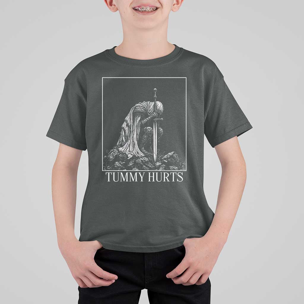 Dramatic Tummy Hurts Kneeling Knight Graphic T Shirt For Kid Funny Medieval Sarcastic Renaissance Fantasy Meme