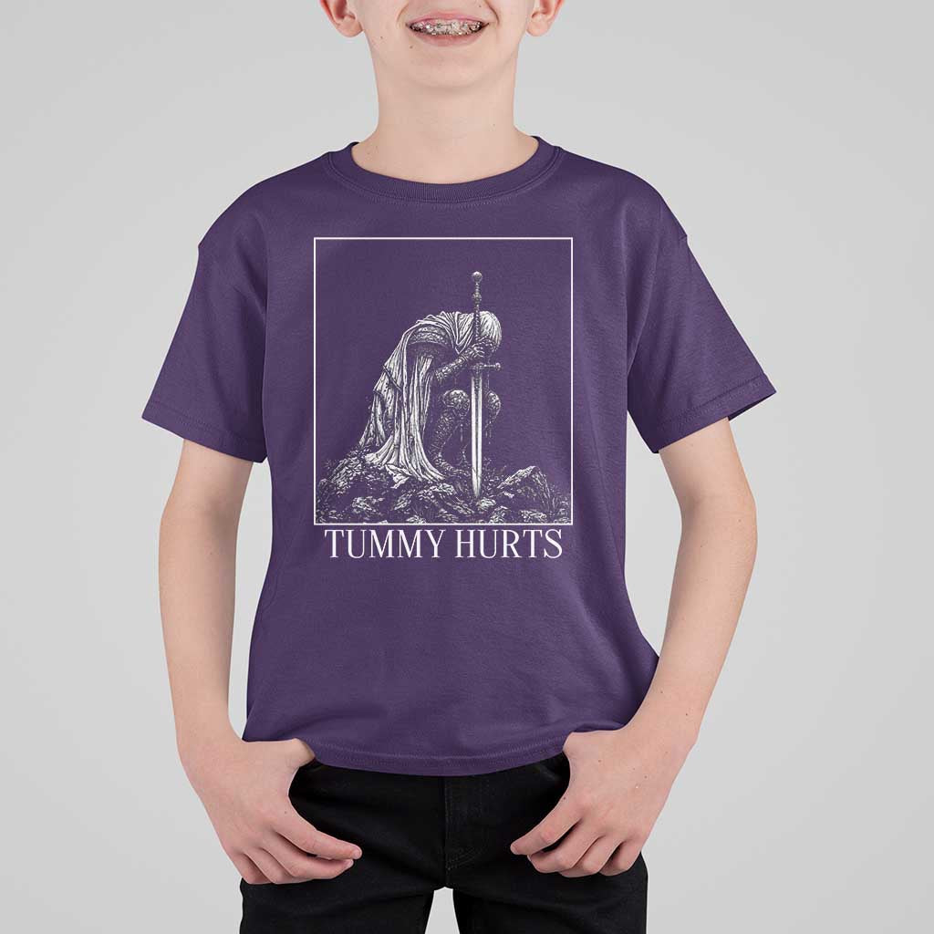 Dramatic Tummy Hurts Kneeling Knight Graphic T Shirt For Kid Funny Medieval Sarcastic Renaissance Fantasy Meme