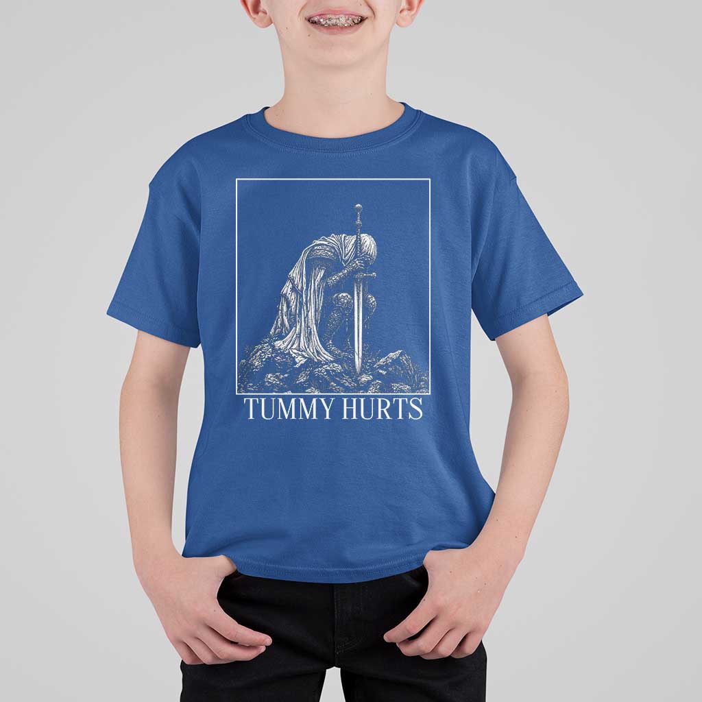 Dramatic Tummy Hurts Kneeling Knight Graphic T Shirt For Kid Funny Medieval Sarcastic Renaissance Fantasy Meme