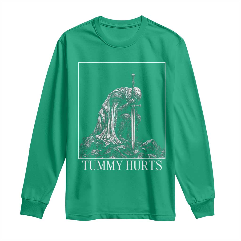 Dramatic Tummy Hurts Kneeling Knight Graphic Long Sleeve Shirt Funny Medieval Sarcastic Renaissance Fantasy Meme