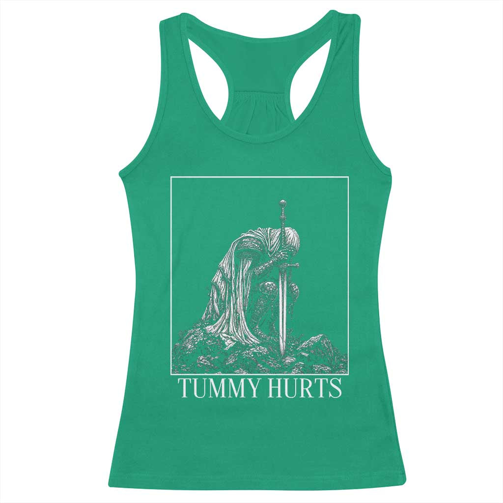 Dramatic Tummy Hurts Kneeling Knight Graphic Racerback Tank Top Funny Medieval Sarcastic Renaissance Fantasy Meme