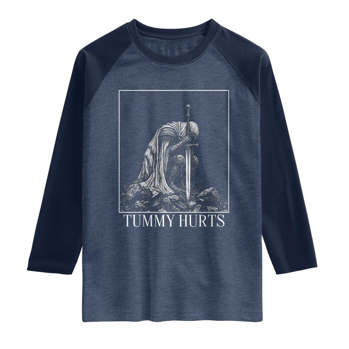 Dramatic Tummy Hurts Kneeling Knight Graphic Raglan Shirt Funny Medieval Sarcastic Renaissance Fantasy Meme