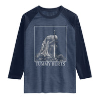 Dramatic Tummy Hurts Kneeling Knight Graphic Raglan Shirt Funny Medieval Sarcastic Renaissance Fantasy Meme