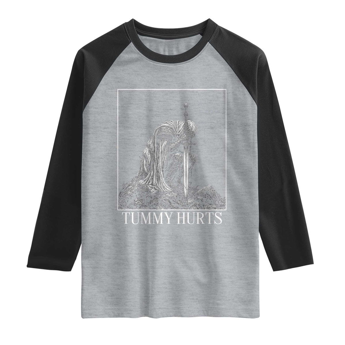 Dramatic Tummy Hurts Kneeling Knight Graphic Raglan Shirt Funny Medieval Sarcastic Renaissance Fantasy Meme