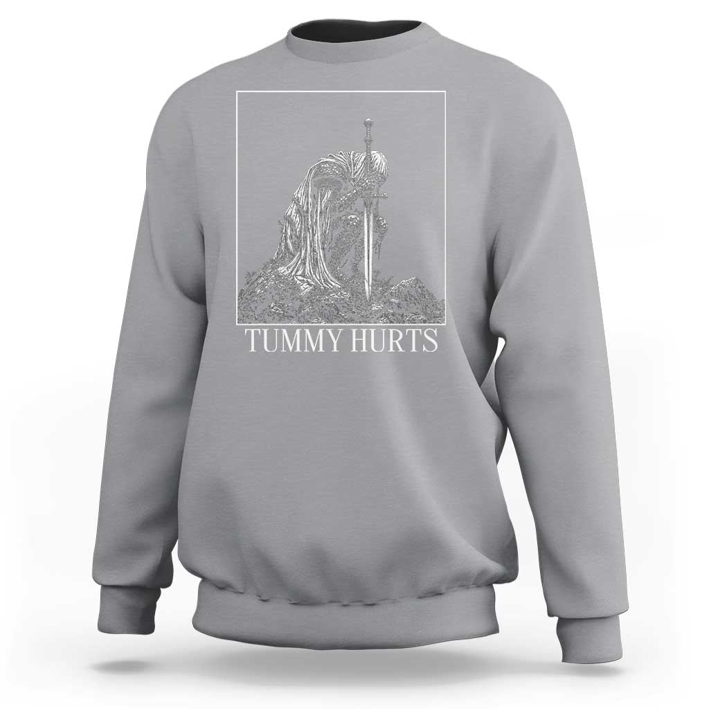 Dramatic Tummy Hurts Kneeling Knight Graphic Sweatshirt Funny Medieval Sarcastic Renaissance Fantasy Meme