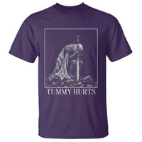Dramatic Tummy Hurts Kneeling Knight Graphic T Shirt Funny Medieval Sarcastic Renaissance Fantasy Meme