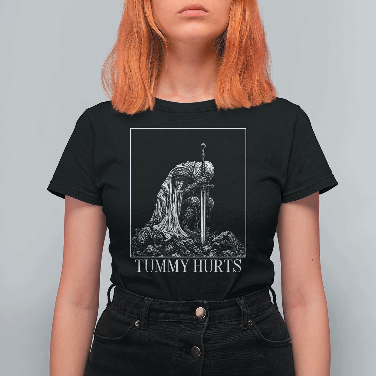 Dramatic Tummy Hurts Kneeling Knight Graphic T Shirt For Women Funny Medieval Sarcastic Renaissance Fantasy Meme
