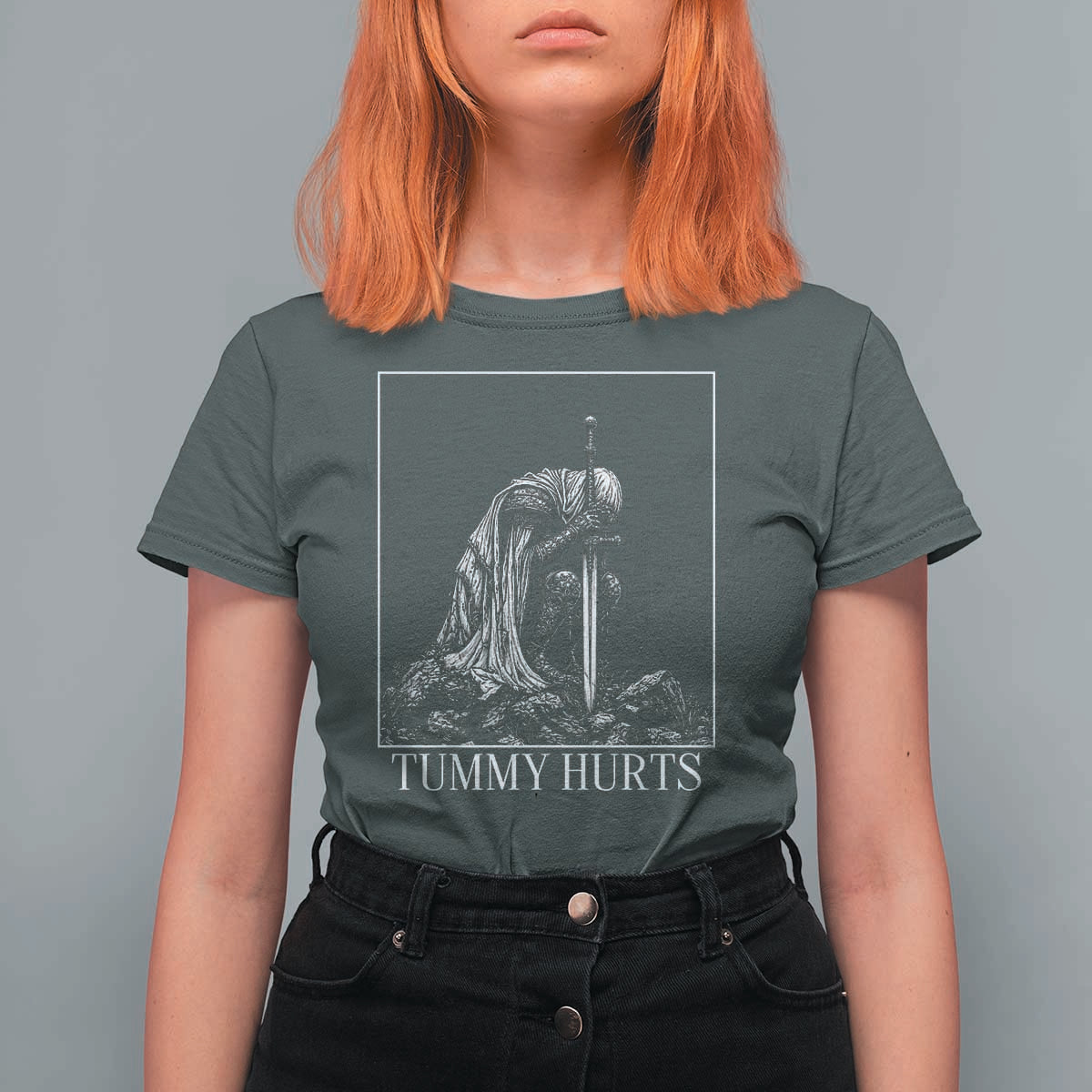 Dramatic Tummy Hurts Kneeling Knight Graphic T Shirt For Women Funny Medieval Sarcastic Renaissance Fantasy Meme