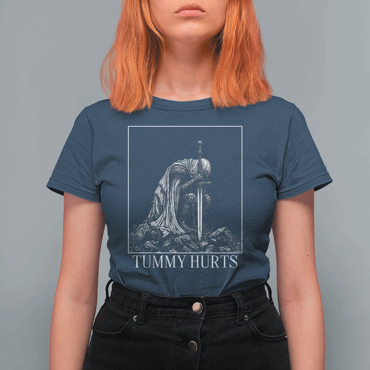 Dramatic Tummy Hurts Kneeling Knight Graphic T Shirt For Women Funny Medieval Sarcastic Renaissance Fantasy Meme
