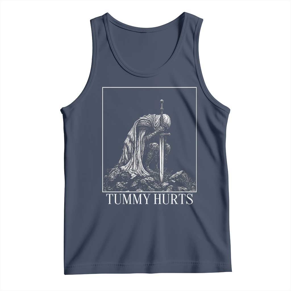 Dramatic Tummy Hurts Kneeling Knight Graphic Tank Top Funny Medieval Sarcastic Renaissance Fantasy Meme
