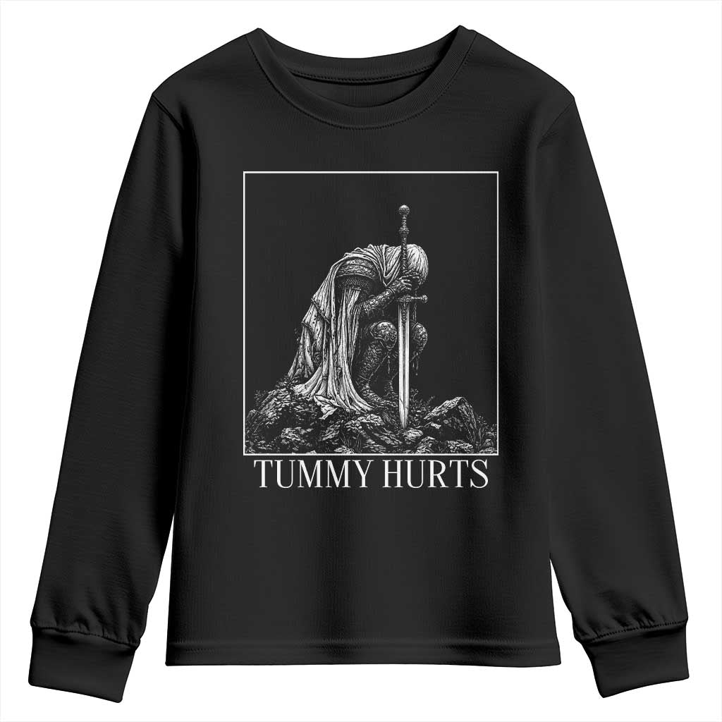 Dramatic Tummy Hurts Kneeling Knight Graphic Youth Sweatshirt Funny Medieval Sarcastic Renaissance Fantasy Meme