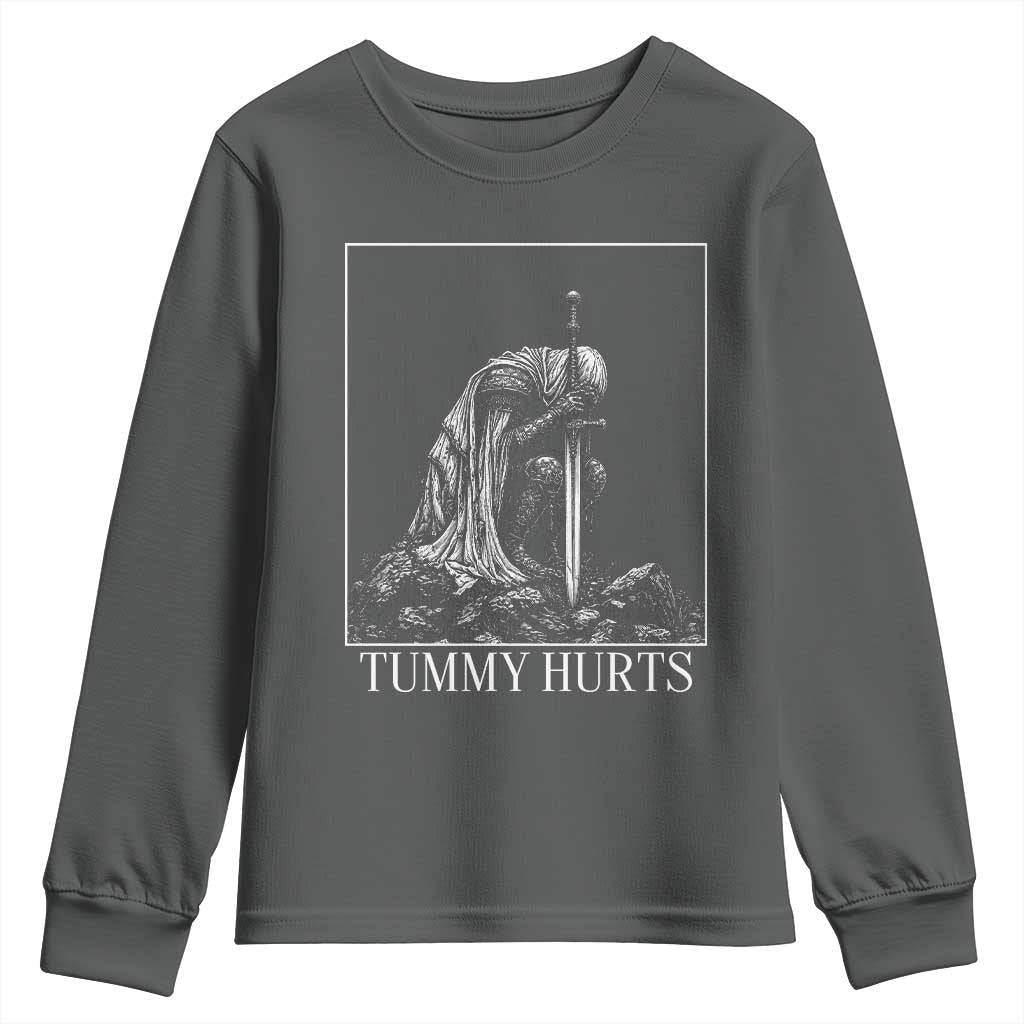 Dramatic Tummy Hurts Kneeling Knight Graphic Youth Sweatshirt Funny Medieval Sarcastic Renaissance Fantasy Meme