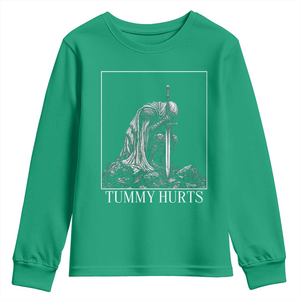 Dramatic Tummy Hurts Kneeling Knight Graphic Youth Sweatshirt Funny Medieval Sarcastic Renaissance Fantasy Meme
